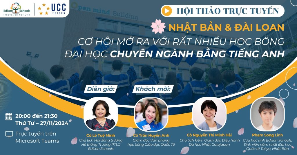 Hội thảo trực truyến: Nhật Bản & Đài Loan – Cơ hội mở ra với rất nhiều học bổng đại học chuyên ngành bằng Tiếng Anh