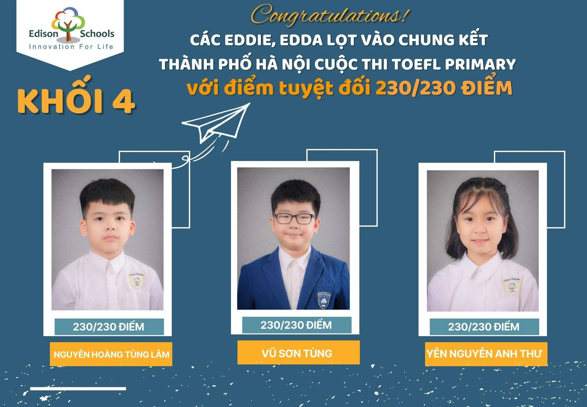 10 Học Sinh Trường Tiểu Học Edison Xuất Sắc Vào Vòng Chung Kết TOEFL Primary Cấp Thành Phố