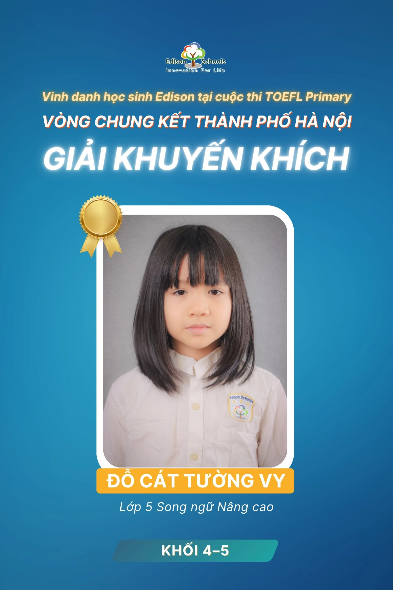Học sinh Đỗ Cát Tường Vy đạt giải Khuyến khích chung kết thành phố TOEFL Primary