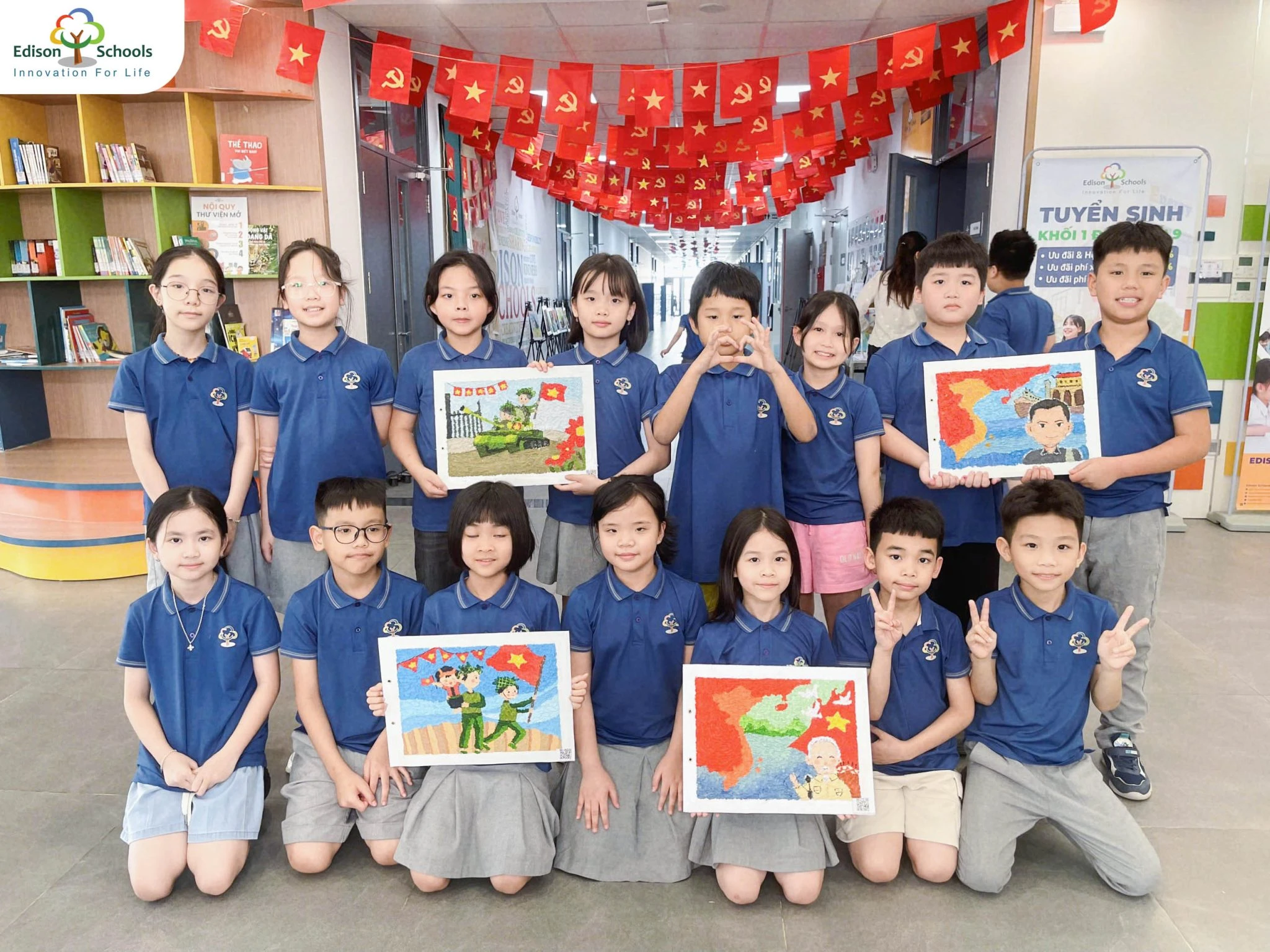 Hòa bình thật đẹp với sắc cờ đỏ sao vàng rực rỡ phủ khắp Edison Schools