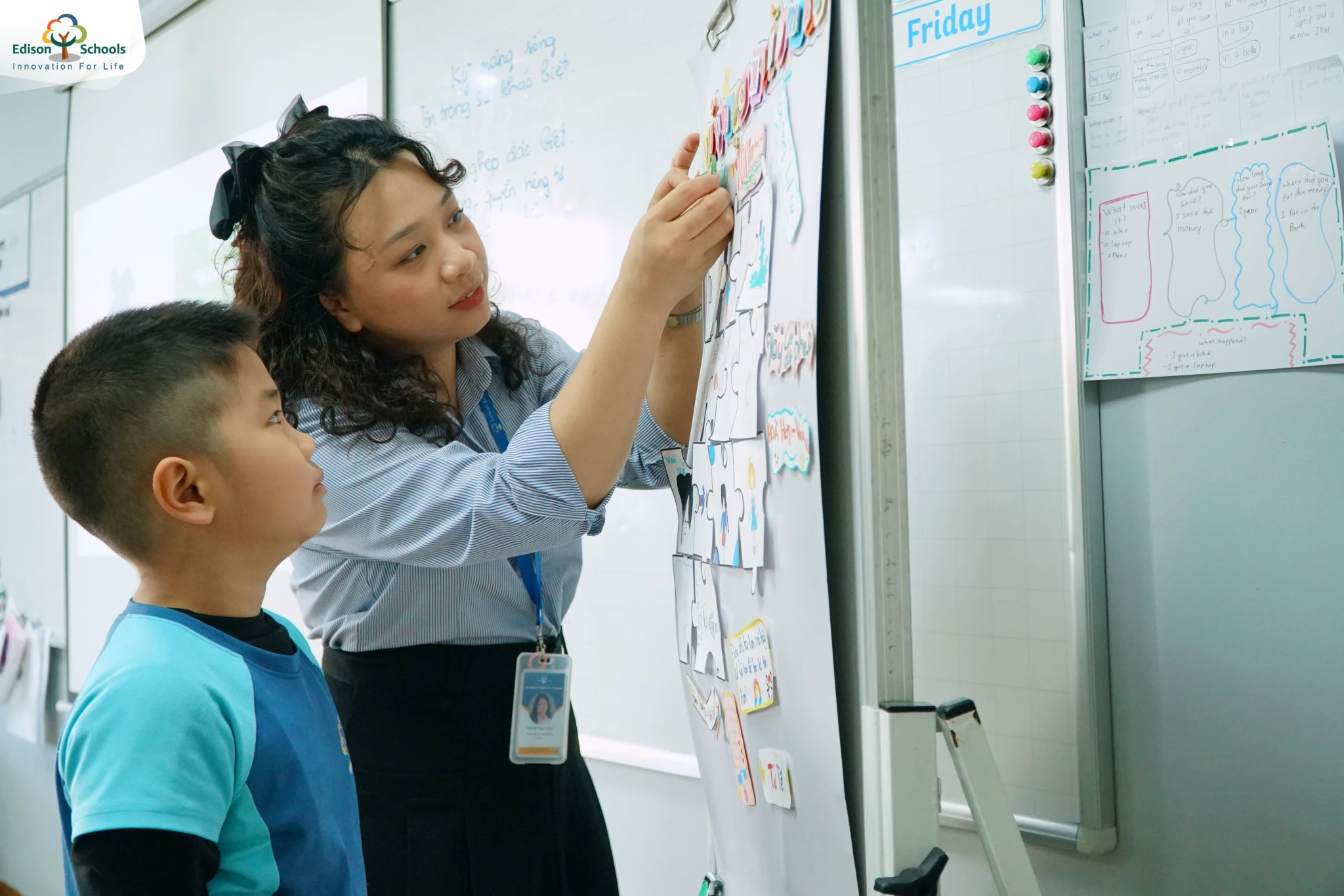 cô giáo hướng dẫn học sinh tiểu học trình bày quan điểm của mình 