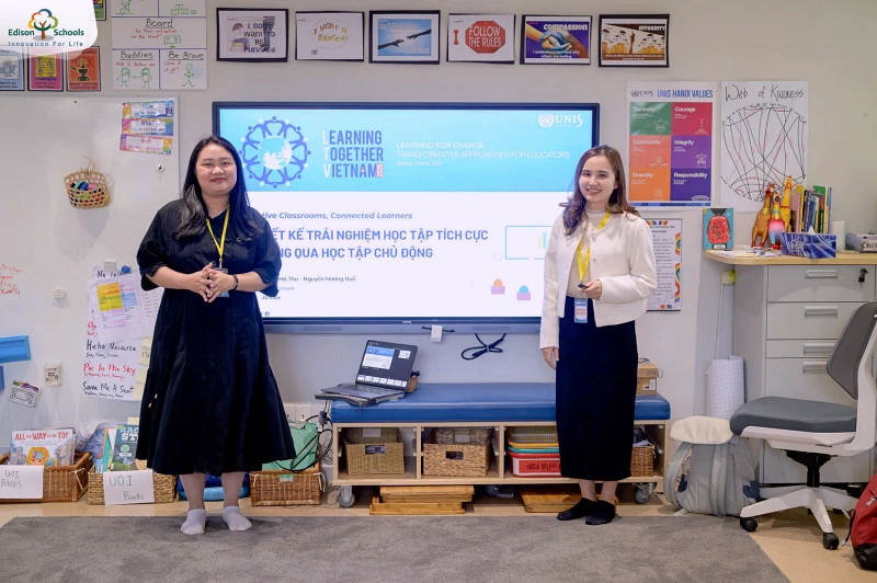 cô Nguyễn Hương Huế và cô Lê Thị Hà Thu trình bày phương pháp Active Learning trong lớp học tiểu học